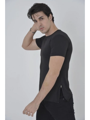 Yandan Fermuarli Slim fit T-shirt - Siyah -
