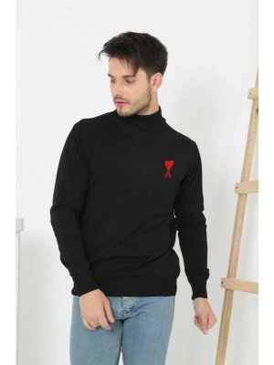 Yarım Boğazlı Baskılı Dokuma Triko - Siyah