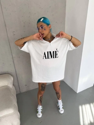 Yarım Fermuarlı Baskılı T-Shirt - Beyaz