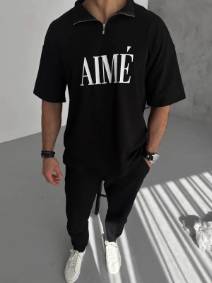 Yarım Fermuarlı Baskılı T-Shirt - Siyah -