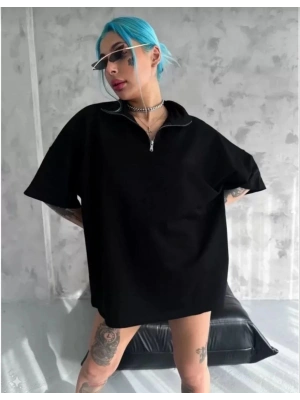 Yarım Fermuarlı Düz Oversize T-Shirt - Siyah -