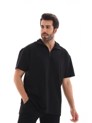 Yarım Fermuarlı Düz Oversize T-shirt - Siyah -