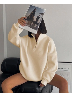 Yarım Fermuarlı Üç İplik Sweatshirt - Bej
