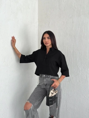 Z Krep   Crop Yakalı Gömlek İlik Düğmeli Üç Çeyrek Sleeve Kol - Siyah -
