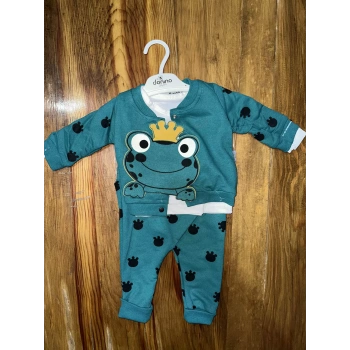 BİÇOMİ 3-12 aylık kurbağa desenli üçlü takım koyumavi