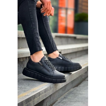 BİÇOMİ KB-X155 Kuback Siyah Cilt Detaylı Siyah Yüksek Taban Günlük Spor Ayakkabı