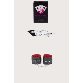 Bicomi Sexy Görselli Oyun Kartı Kama Sutra Siyah Kırmızı Kelepçe Set