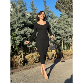 BİÇOMİ V yaka Uzun kollu midi boy elbise siyah A3154