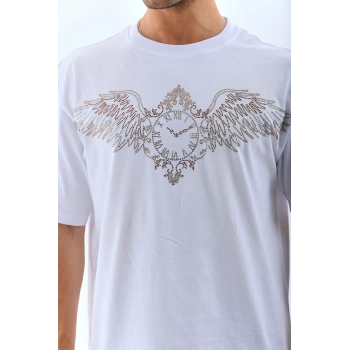 Unisex Oversize Taşlı Bisiklet Yaka T-Shirt - Beyaz