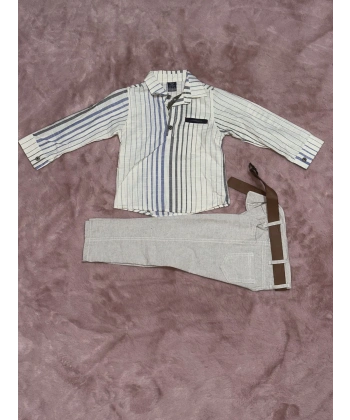 BİÇOMİ 1-6 yaş gömlek pantolon kemerli erkek çocuk alt üst takım keten bej
