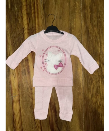 BİÇOMİ 3-12 aylık kedi desen işlemeli takım pembe