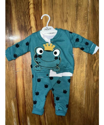 BİÇOMİ 3-12 aylık kurbağa desenli üçlü takım koyumavi