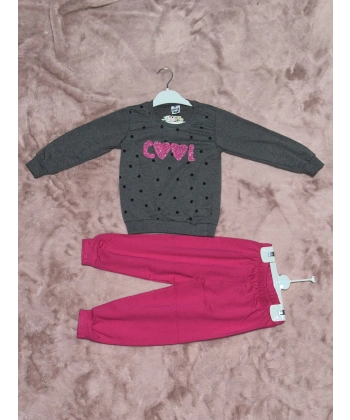 BİÇOMİ 3-7 yaş pontiyeli ikili alt üst takım gri fuşya kız çocuk