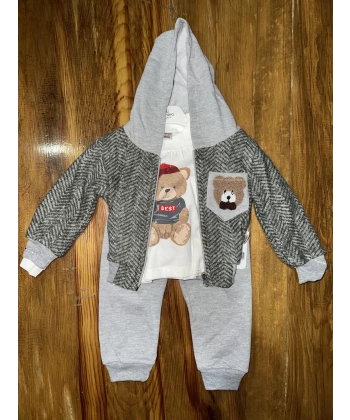 BİÇOMİ 6-24 aylık ceketli kapşonlu üçlü takım gribeyaz