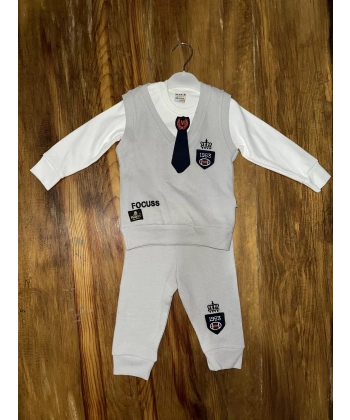 BİÇOMİ 6-24 aylık kravatlı üçlü takım gri