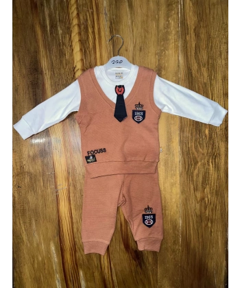 BİÇOMİ 6-24 aylık kravatlı üçlü takım kahve