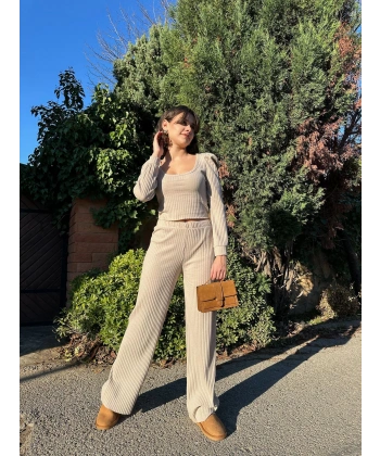 BİÇOMİ Fitilli prenses kol alt üst takım bej