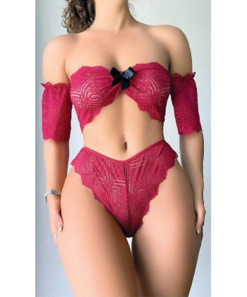 Bicomi Fiyonk Detaylı Kırmızı Dantel Sütyen Külot Takım