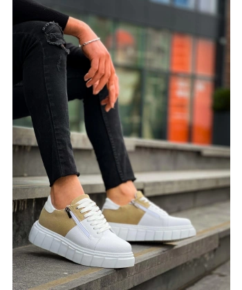 BİÇOMİ KB-X155 Kuback Beyaz Cilt Bej Süet Detaylı Beyaz Yüksek Taban Günlük Spor Ayakkabı