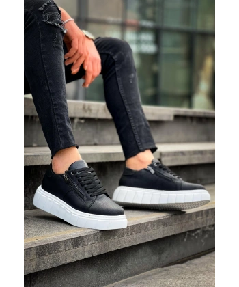 BİÇOMİ KB-X155 Kuback Siyah Cilt Detaylı Beyaz Yüksek Taban Günlük Spor Ayakkabı