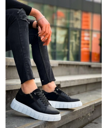 BİÇOMİ KB-X155 Kuback Siyah Cilt Siyah Süet Detaylı Beyaz Yüksek Taban Günlük Spor Ayakkabı