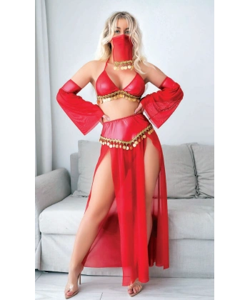 Bicomi Kırmızı Peçeli Seksi Dansöz Kostümü