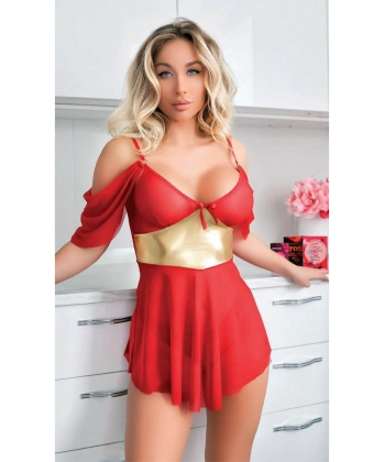 Bicomi Sarı Kuşak Detaylı Fantezi Kırmızı Gecelik