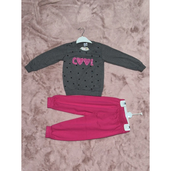BİÇOMİ 3-7 yaş pontiyeli ikili alt üst takım gri fuşya kız çocuk