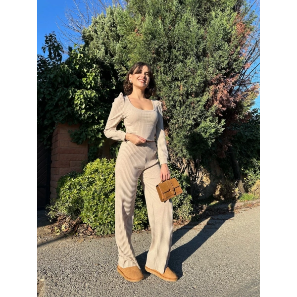 BİÇOMİ Fitilli prenses kol alt üst takım bej