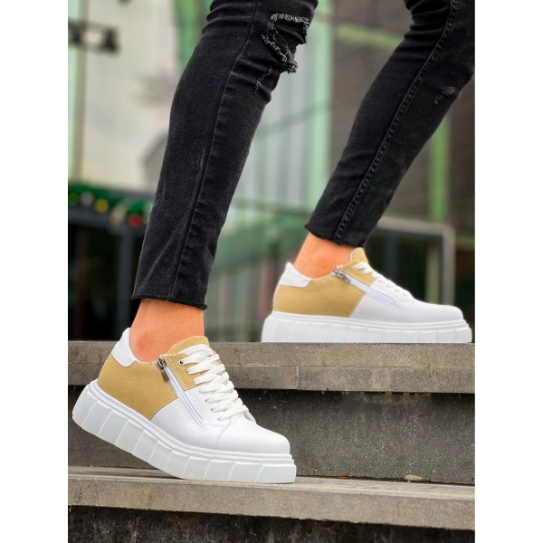 BİÇOMİ KB-X155 Kuback Beyaz Cilt Bej Süet Detaylı Beyaz Yüksek Taban Günlük Spor Ayakkabı