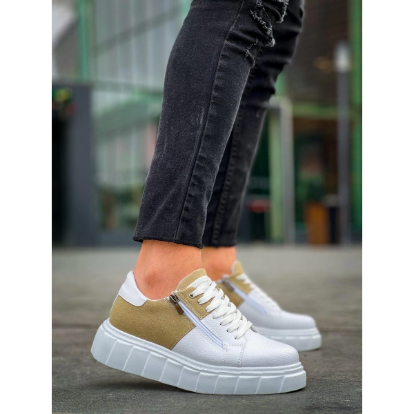 BİÇOMİ KB-X155 Kuback Beyaz Cilt Bej Süet Detaylı Beyaz Yüksek Taban Günlük Spor Ayakkabı