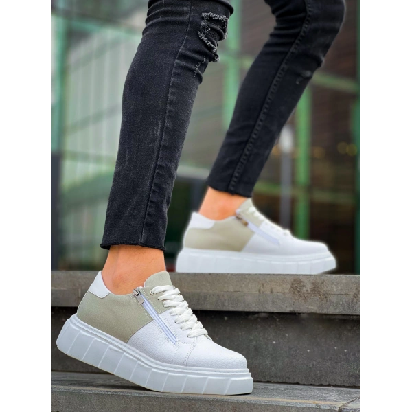 BİÇOMİ KB-X155 Kuback Beyaz Cilt Gri Süet Detaylı Beyaz Yüksek Taban Günlük Spor Ayakkabı