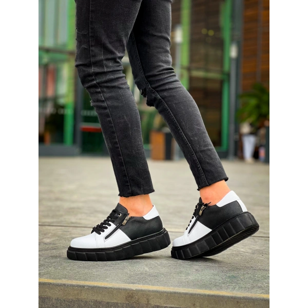 BİÇOMİ KB-X155 Kuback Beyaz Cilt Siyah Cilt Detaylı Siyah Yüksek Taban Günlük Spor Ayakkabı