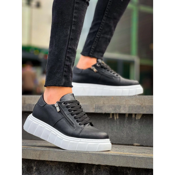 BİÇOMİ KB-X155 Kuback Siyah Cilt Detaylı Beyaz Yüksek Taban Günlük Spor Ayakkabı