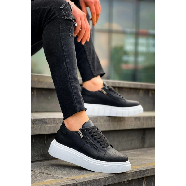 BİÇOMİ KB-X155 Kuback Siyah Cilt Detaylı Beyaz Yüksek Taban Günlük Spor Ayakkabı