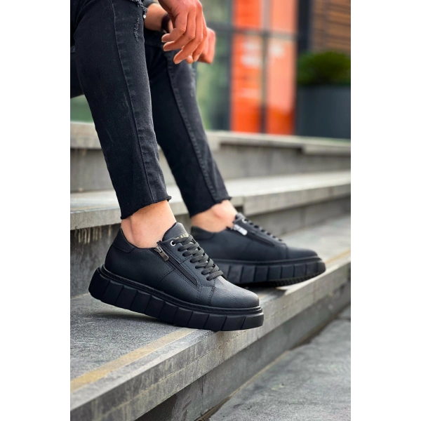 BİÇOMİ KB-X155 Kuback Siyah Cilt Detaylı Siyah Yüksek Taban Günlük Spor Ayakkabı