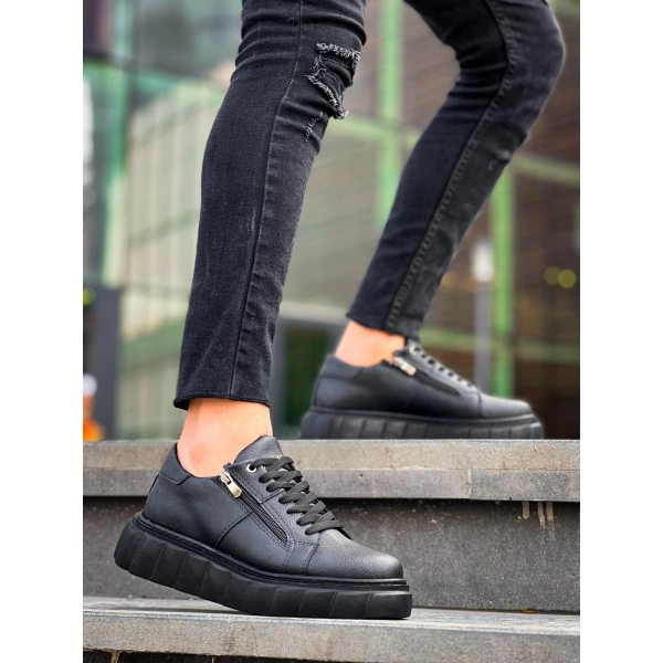 BİÇOMİ KB-X155 Kuback Siyah Cilt Detaylı Siyah Yüksek Taban Günlük Spor Ayakkabı