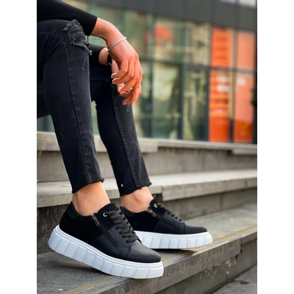 BİÇOMİ KB-X155 Kuback Siyah Cilt Siyah Süet Detaylı Beyaz Yüksek Taban Günlük Spor Ayakkabı