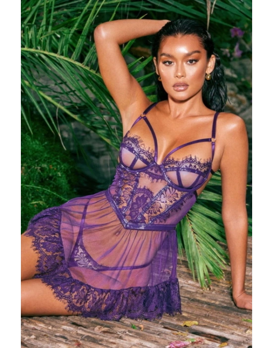 Bicomi Britli Mor Takım Dantel Transparan Gecelik