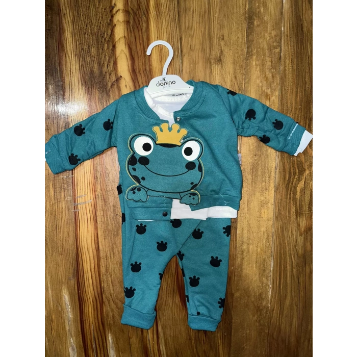 BİÇOMİ 3-12 aylık kurbağa desenli üçlü takım koyumavi