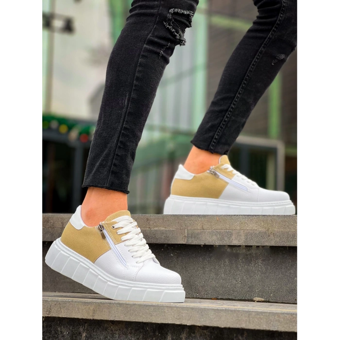 BİÇOMİ KB-X155 Kuback Beyaz Cilt Bej Süet Detaylı Beyaz Yüksek Taban Günlük Spor Ayakkabı