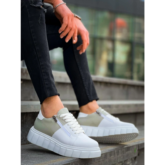 BİÇOMİ KB-X155 Kuback Beyaz Cilt Gri Süet Detaylı Beyaz Yüksek Taban Günlük Spor Ayakkabı