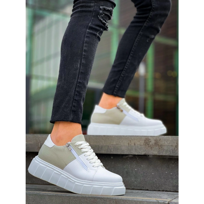 BİÇOMİ KB-X155 Kuback Beyaz Cilt Gri Süet Detaylı Beyaz Yüksek Taban Günlük Spor Ayakkabı