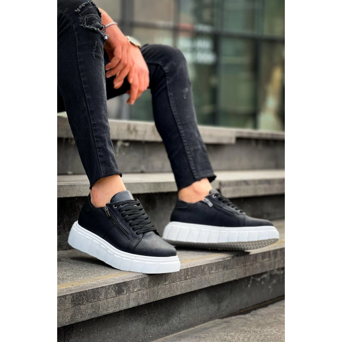 BİÇOMİ KB-X155 Kuback Siyah Cilt Detaylı Beyaz Yüksek Taban Günlük Spor Ayakkabı