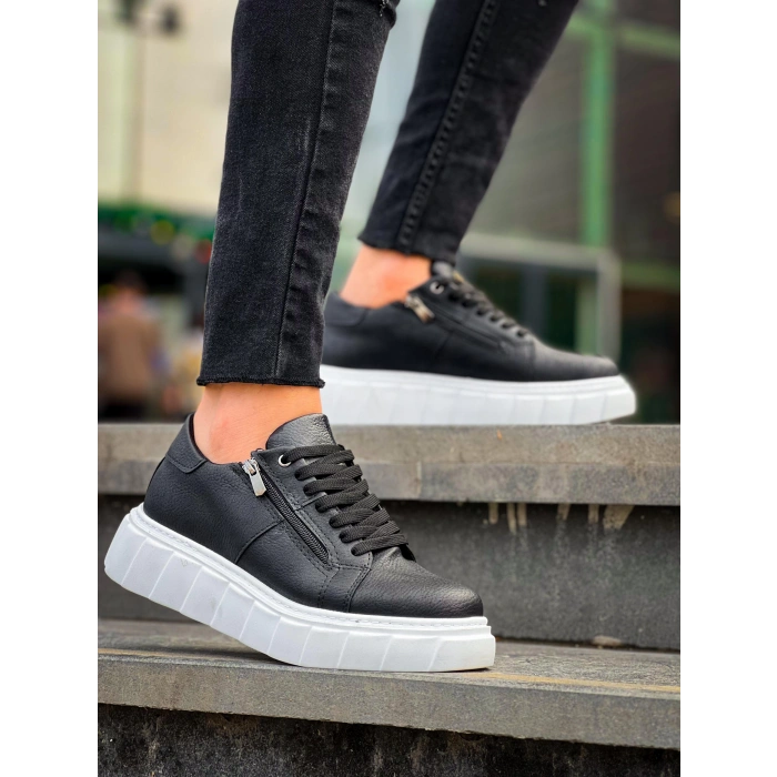 BİÇOMİ KB-X155 Kuback Siyah Cilt Detaylı Beyaz Yüksek Taban Günlük Spor Ayakkabı