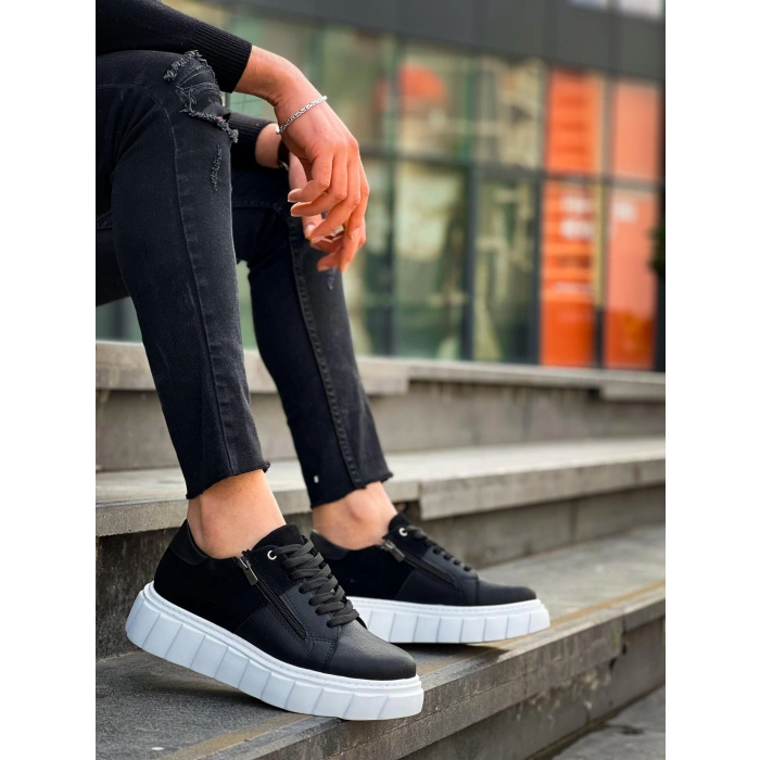 BİÇOMİ KB-X155 Kuback Siyah Cilt Siyah Süet Detaylı Beyaz Yüksek Taban Günlük Spor Ayakkabı