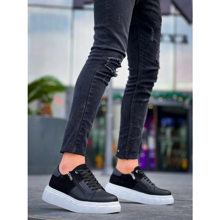 BİÇOMİ KB-X155 Kuback Siyah Cilt Siyah Süet Detaylı Beyaz Yüksek Taban Günlük Spor Ayakkabı