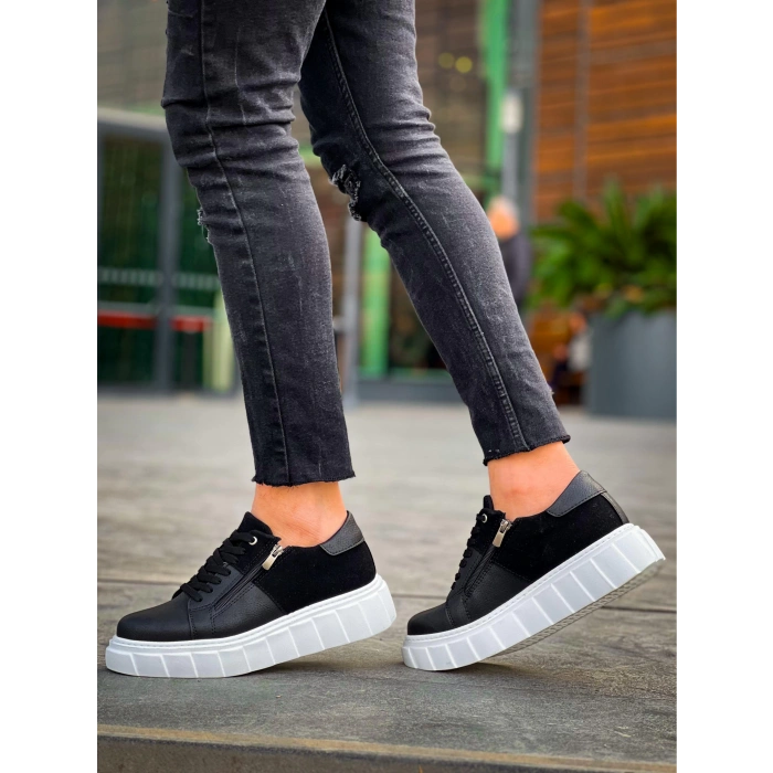 BİÇOMİ KB-X155 Kuback Siyah Cilt Siyah Süet Detaylı Beyaz Yüksek Taban Günlük Spor Ayakkabı