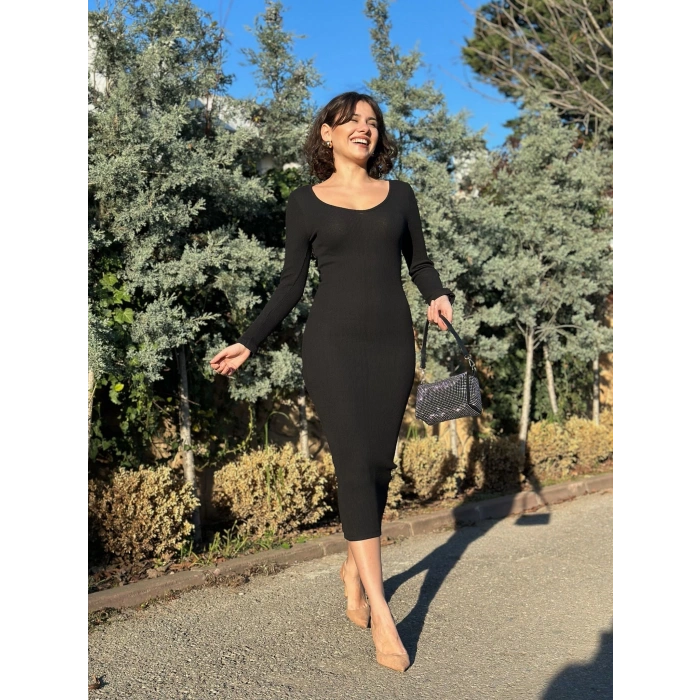 BİÇOMİ V yaka Uzun kollu midi boy elbise siyah A3154