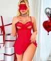 Bicomi Kırmızı Göğüs Dekolteli Göz Bantlı Fantezi String Tül Gecelik Takımı